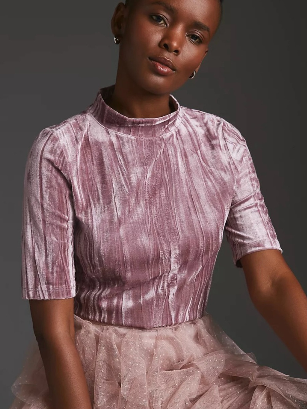 Pilcro Velvet Short-Sleeve Mock Neck Top in Dusty Mauve